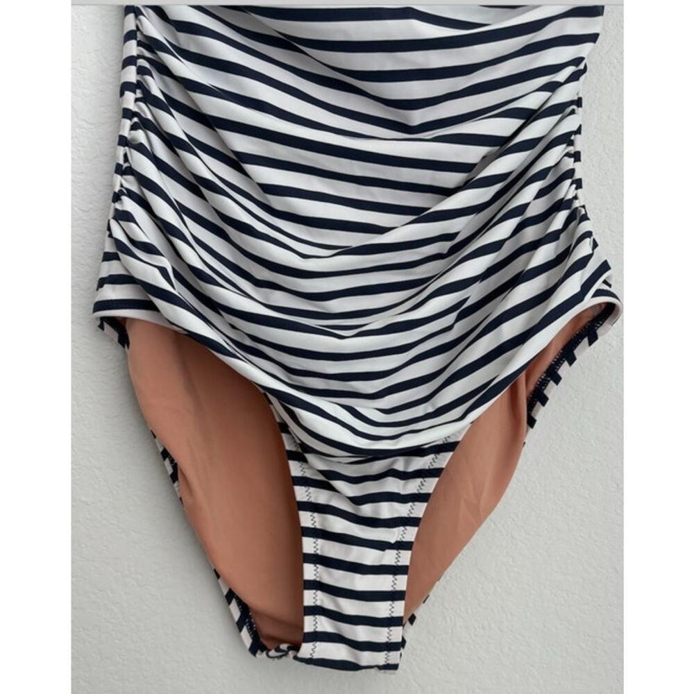 NWOT J.Crew Ruched Bandeau One-Piece Navy Striped Swimsuit Size 8 - Picture 3 of 6